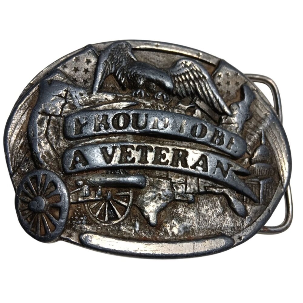 Vintage Western Cowboy Belt Buckle 1983 Bergamont Brass Works Proud Veteran